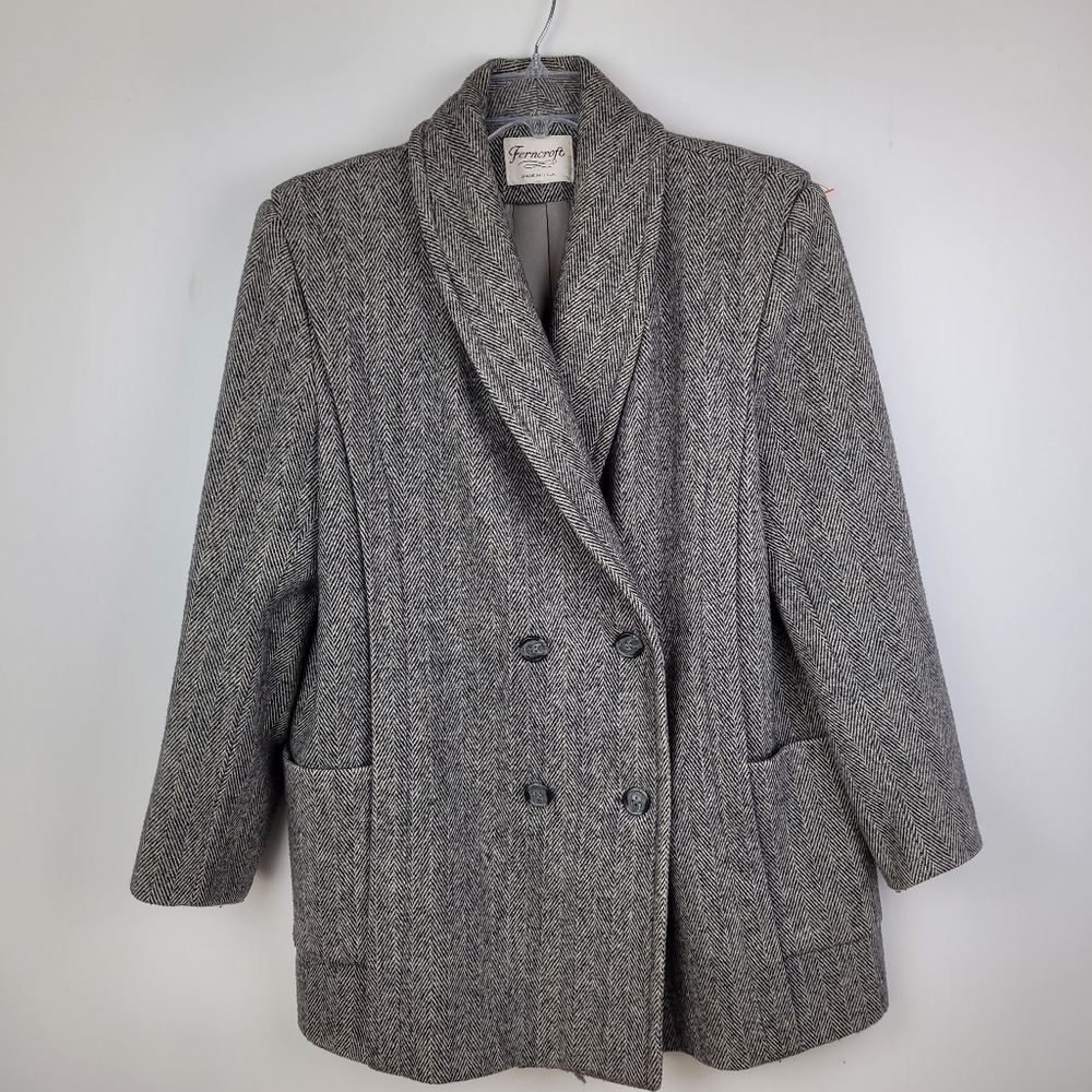 VINTAGE Ferncroft Coat Black and White Satin Lined Herringbone Wool Blend Winter